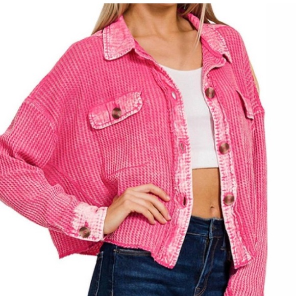Zenana Waffle-Knit Button Up Dropped Shoulder Jacket